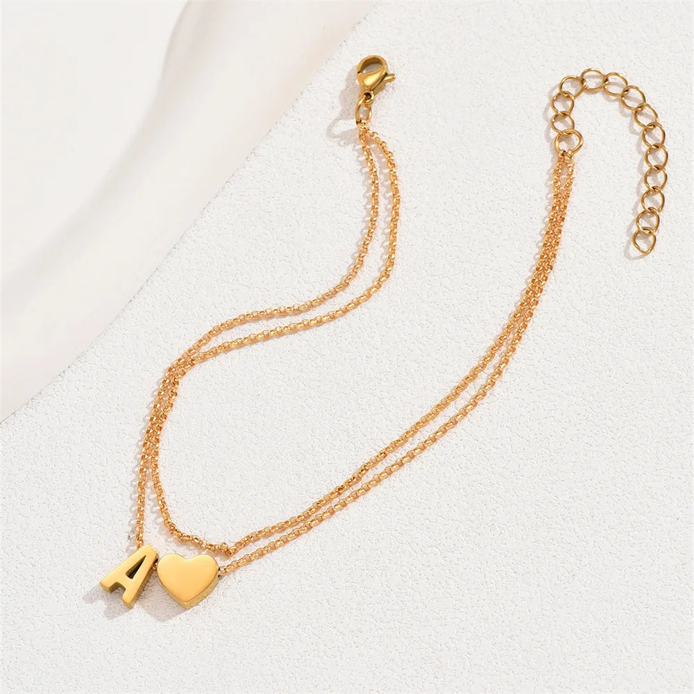 A-Z Letter Anklet, Stainless Steel, Heart Charm