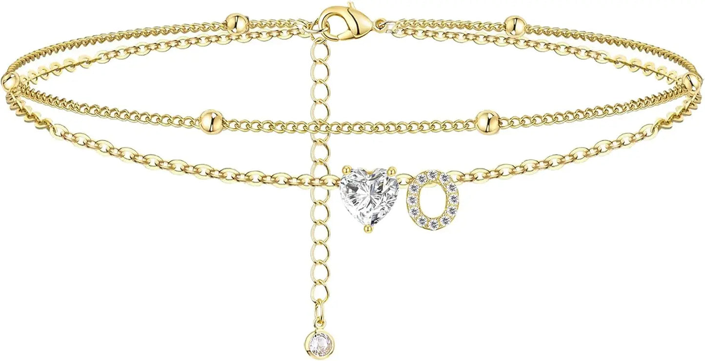 14K Gold Plated CZ Initial Heart Anklet, Waterproof