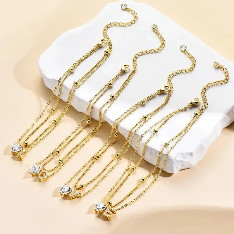14K Gold Plated CZ Initial Heart Anklet, Waterproof