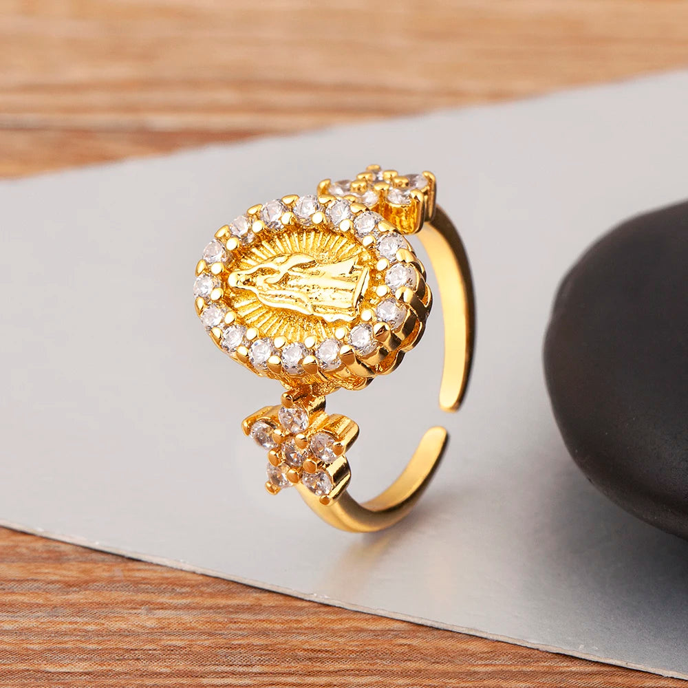 "Retro Virgin Mary Zircon Ring – Adjustable Unisex Jewelry"