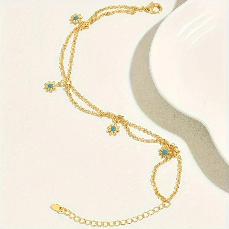 Boho Double Layer Flower Pendant Anklet