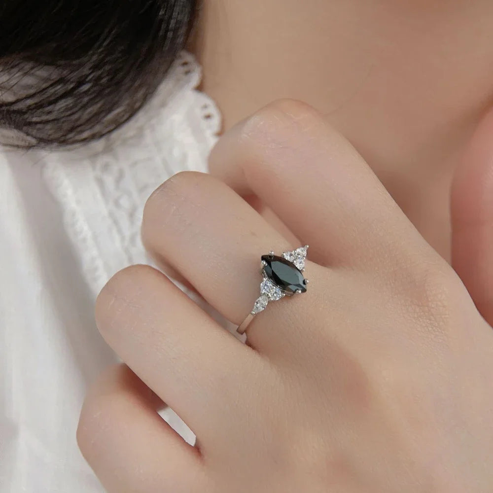 Trumium 1ct S925 Silver Marquise Black Agate Ring