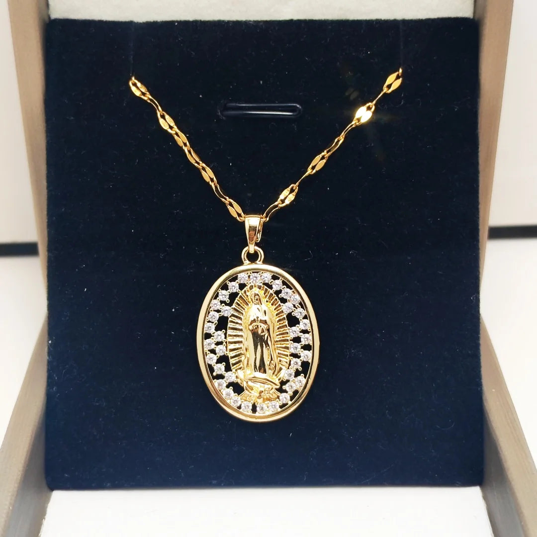 Copper Virgin Mary Zircon Pendant Necklace