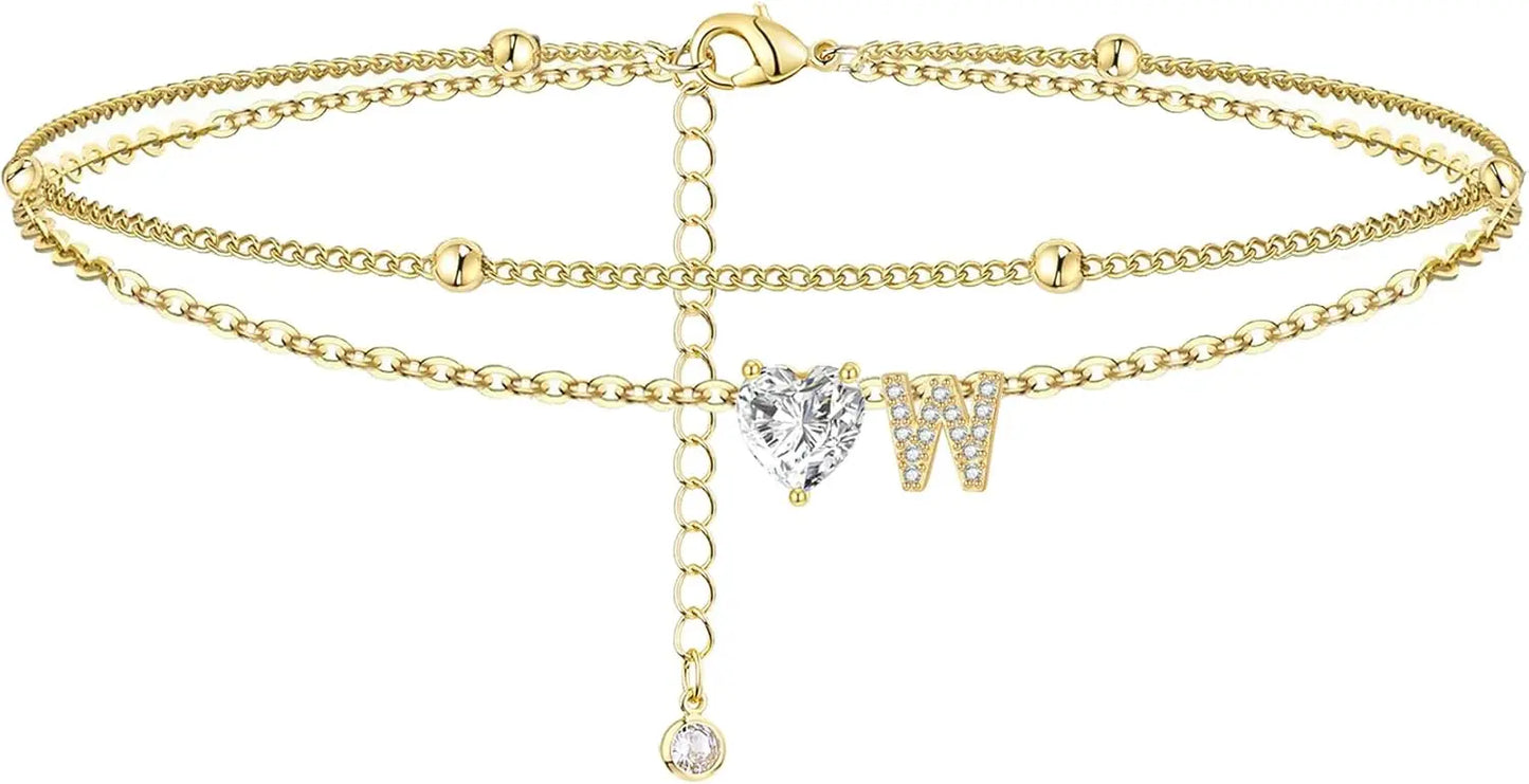 14K Gold Plated CZ Initial Heart Anklet, Waterproof