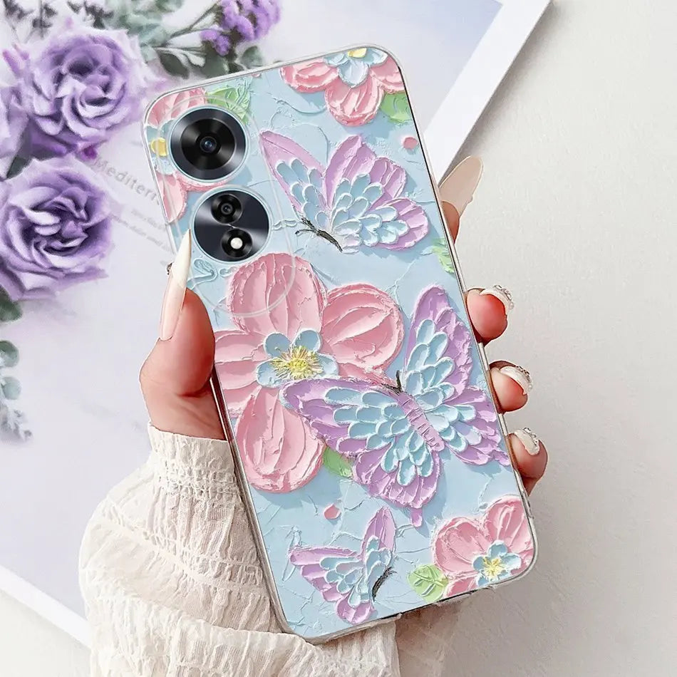 Elegant Floral Cat TPU Cover – OPPO A60