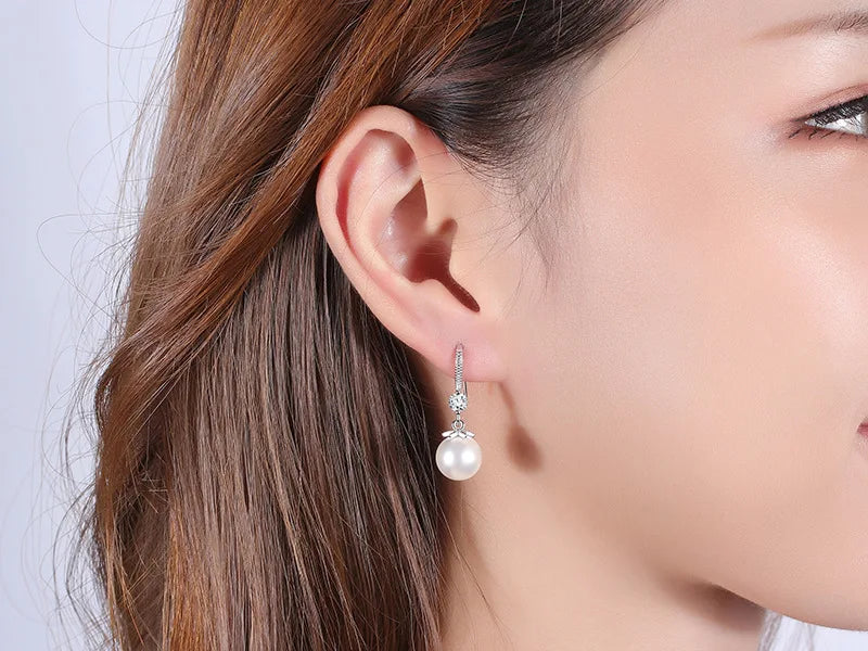 “925 Silver Long Pearl CZ Pendant Earrings