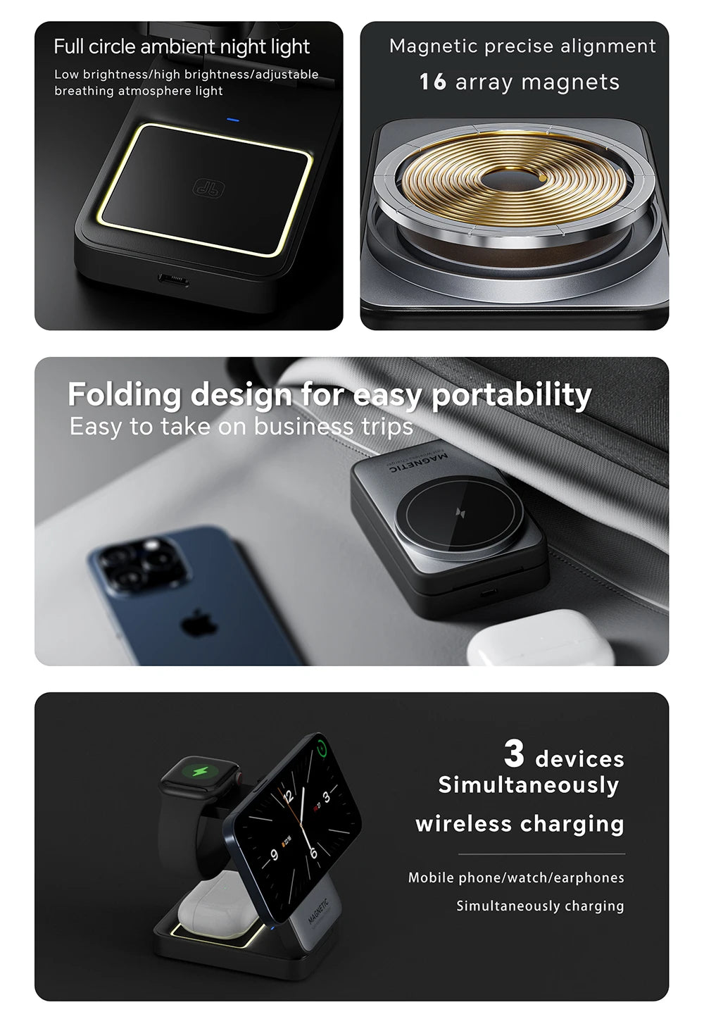 Magnetic 3-in-1 Charger for iPhone, AirPods & Apple Watch