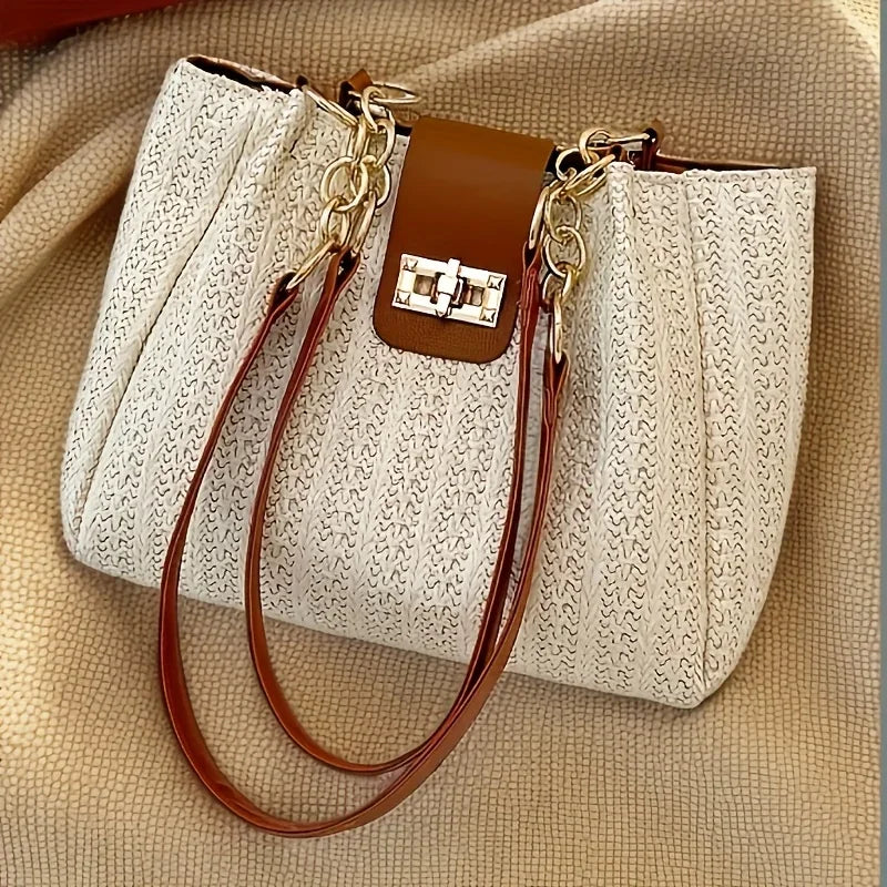 Chic Straw Woven Tote with Chain Leather Strap