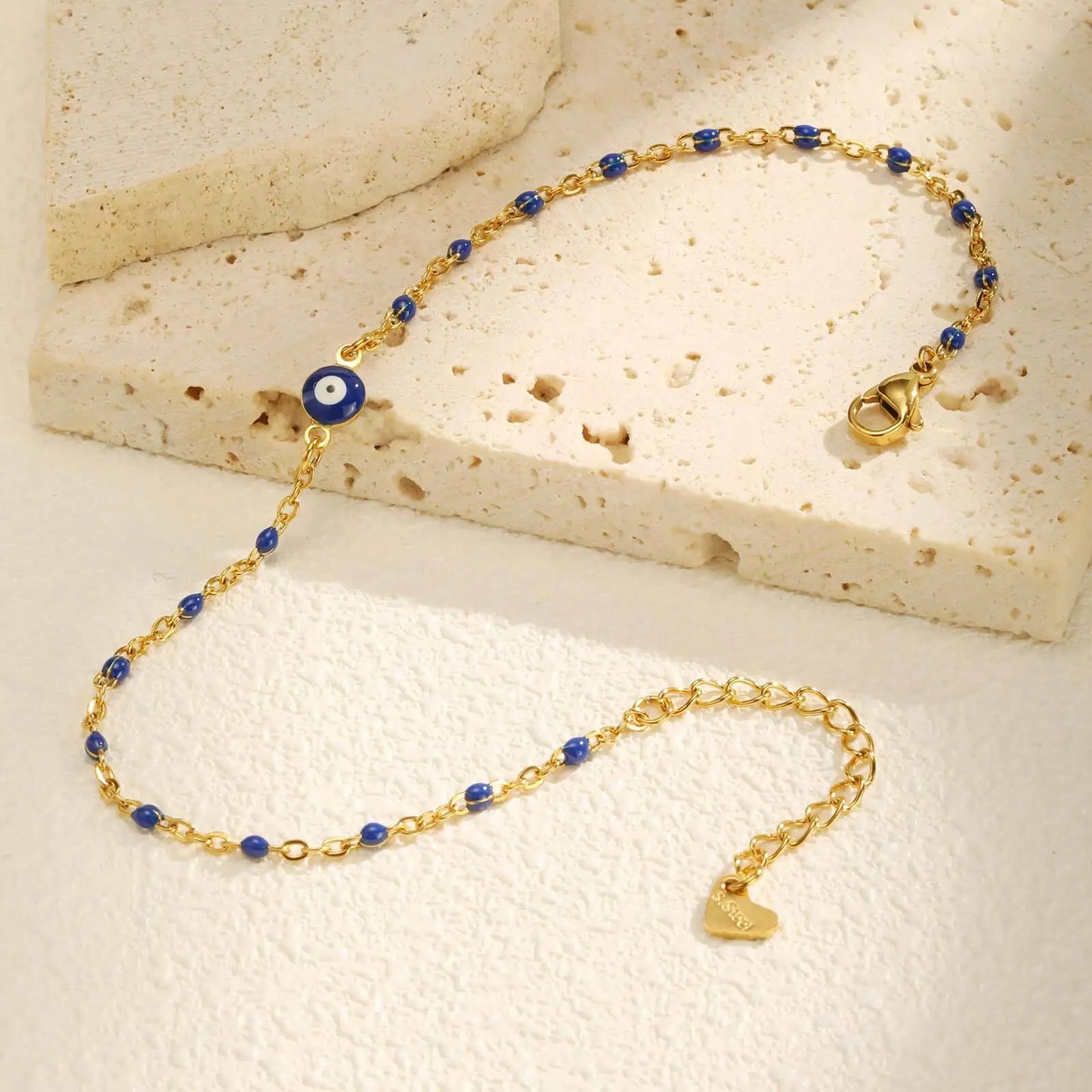 Stainless Steel Evil Eye Anklet, Blue Beads
