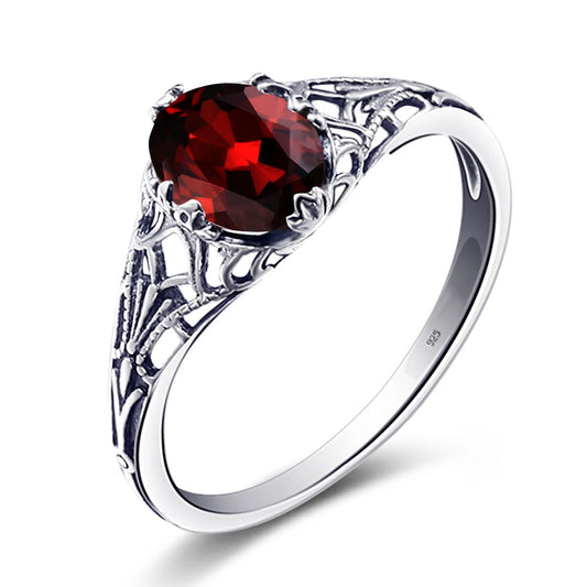 Real 925 Sterling Silver Oval Red Garnet Ring