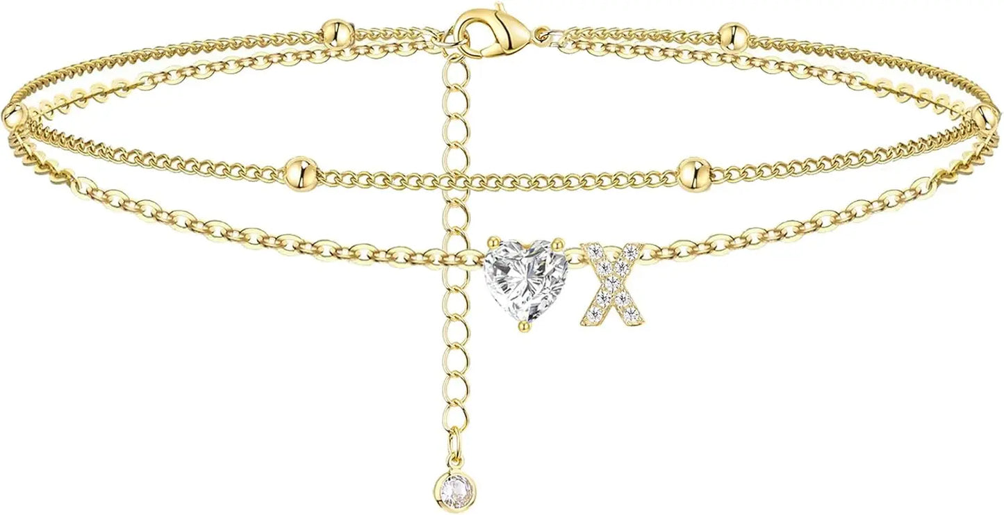 14K Gold Plated CZ Initial Heart Anklet, Waterproof