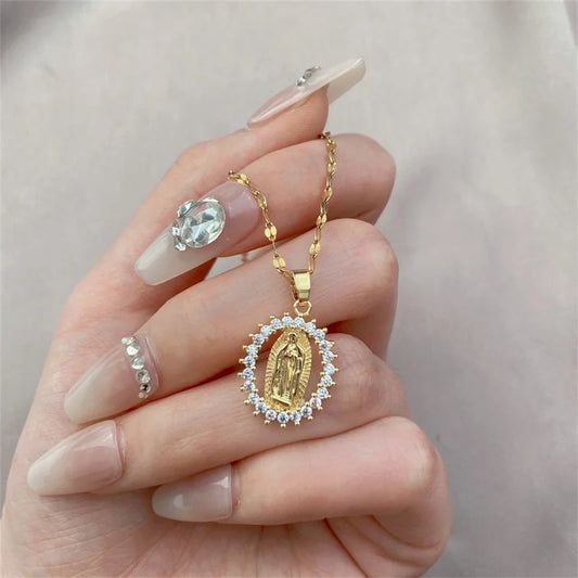 Copper Virgin Mary Zircon Pendant Necklace