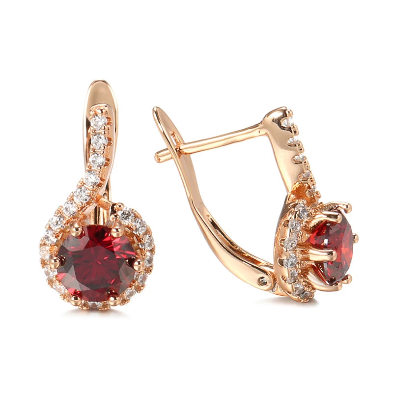 “585 Rose Gold Red Zircon Round Earrings