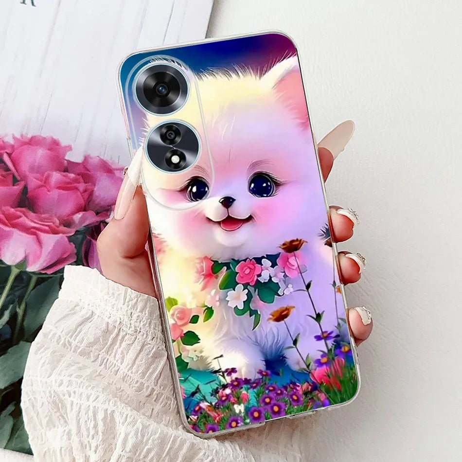 Elegant Floral Cat TPU Cover – OPPO A60