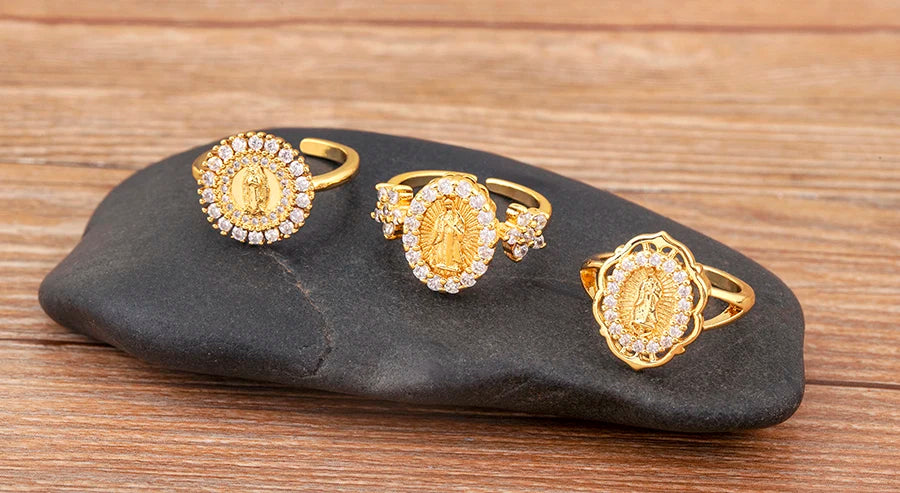 "Retro Virgin Mary Zircon Ring – Adjustable Unisex Jewelry"