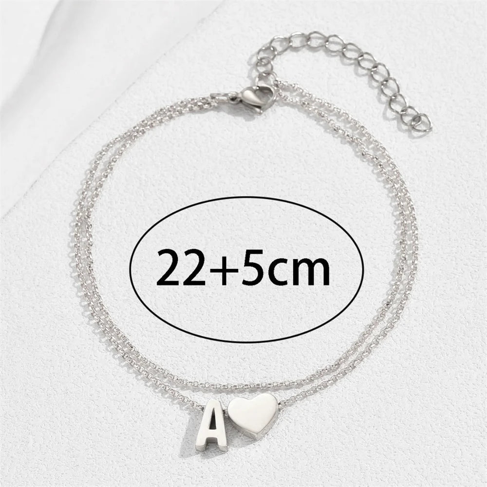 A-Z Letter Anklet, Stainless Steel, Heart Charm