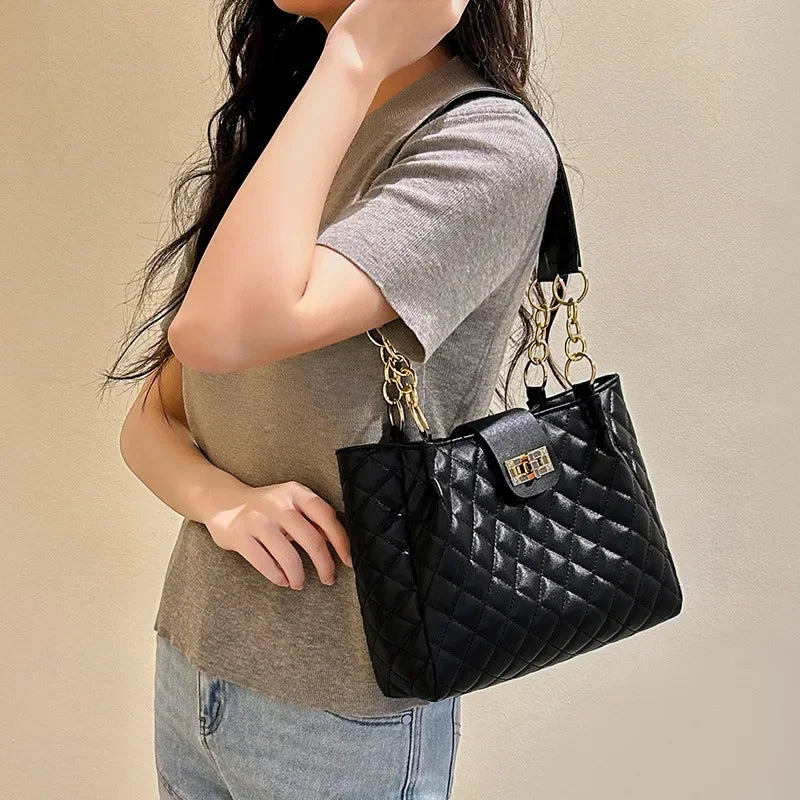 Chic Straw Woven Tote with Chain Leather Strap