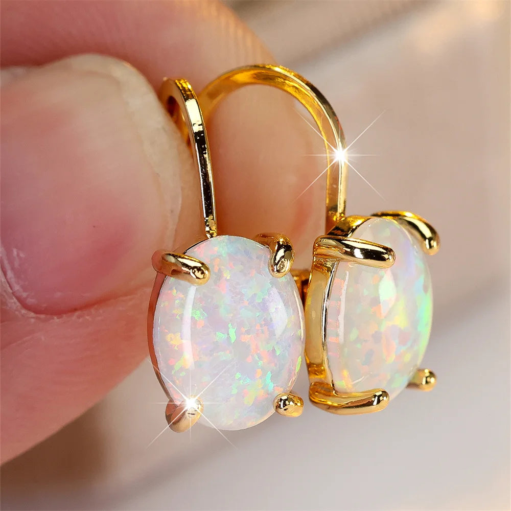 “Oval Opal Hoop Earrings for Women”
