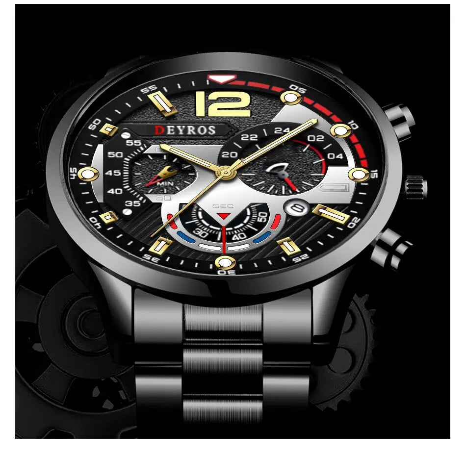 Luxury Men's Sports Quartz Watch, Stainless Steel, Luminous