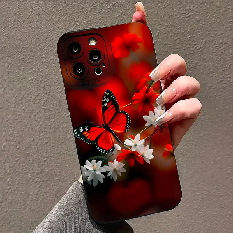 For iPhone 14 13 15 16 Pro Max Case Red Butterfly Flower Phone Case for iPhone 11 12 Mini Pro X XS XR 7 8 14 15 Plus SE2 Cover