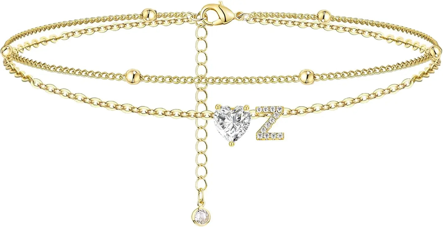 14K Gold Plated CZ Initial Heart Anklet, Waterproof