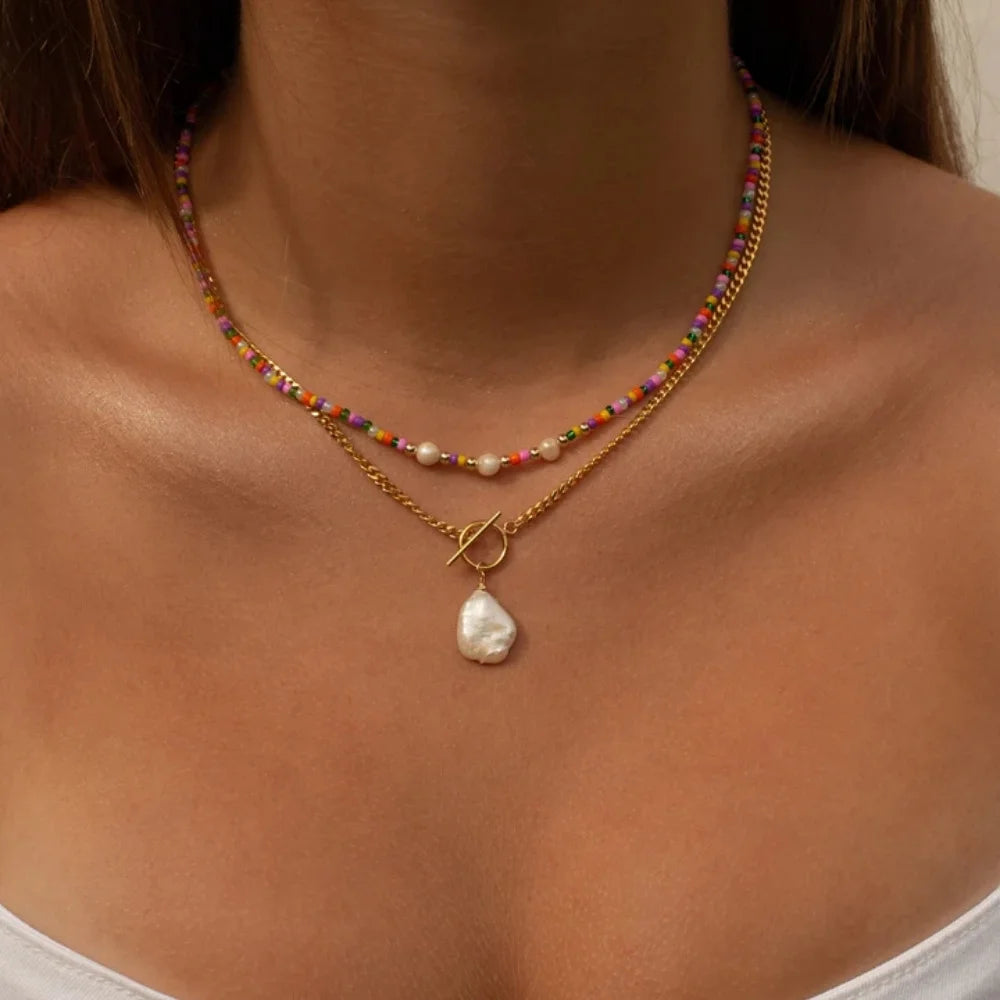 Bohemian Multilayer Mixed Chain Necklace with Crystal Pendant