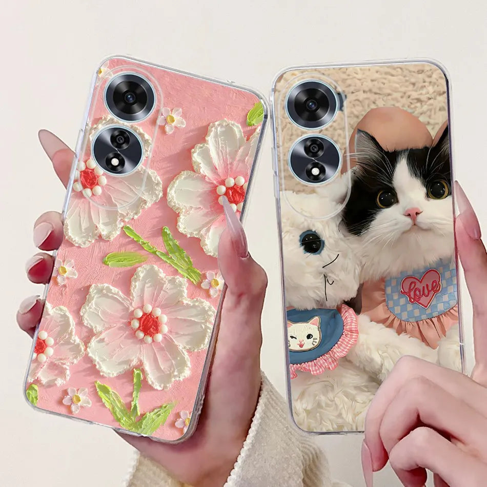 Elegant Floral Cat TPU Cover – OPPO A60