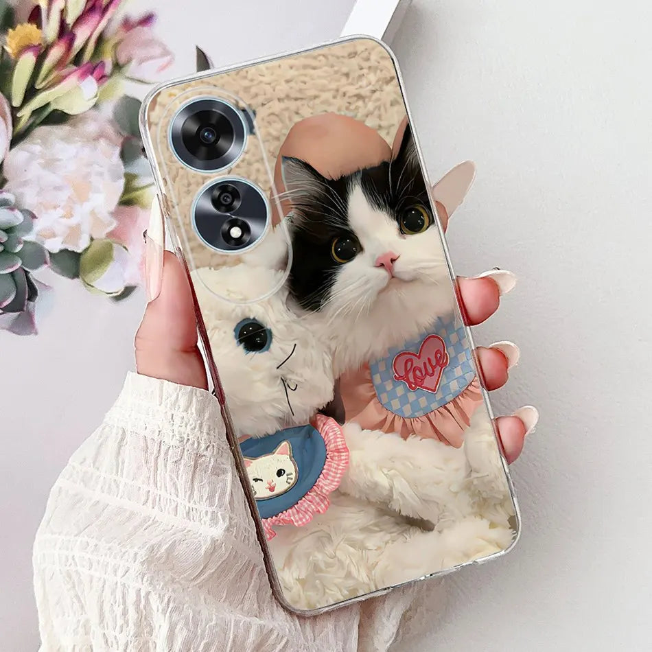 Elegant Floral Cat TPU Cover – OPPO A60