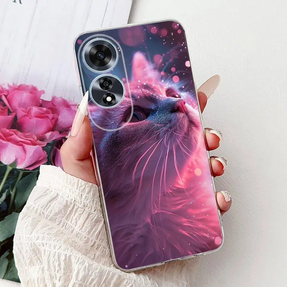 Elegant Floral Cat TPU Cover – OPPO A60