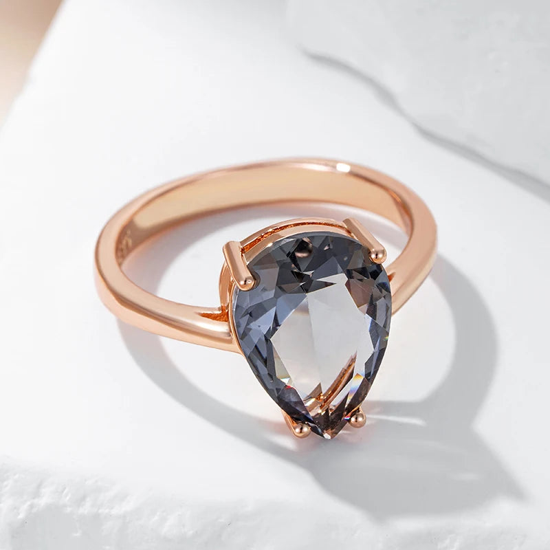 “Kinel Rose Gold Gray Crystal Teardrop Ring