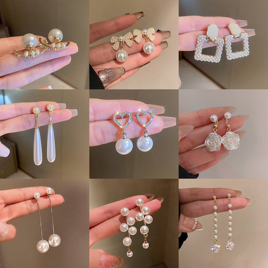 “Long Pearl Rhinestone Drop Earrings”