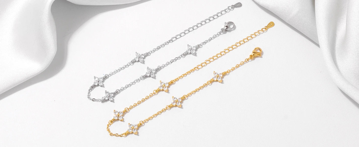 925 Silver CZ Four-Leaf Flower Bracelet