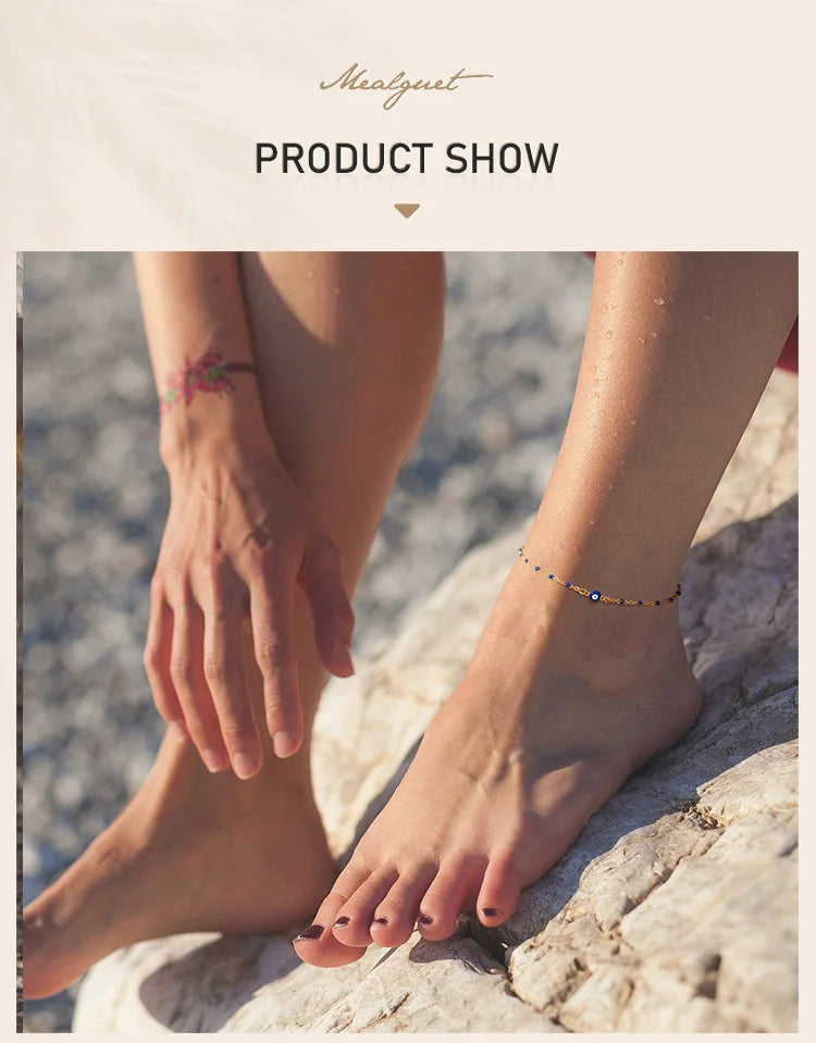 Stainless Steel Evil Eye Anklet, Blue Beads