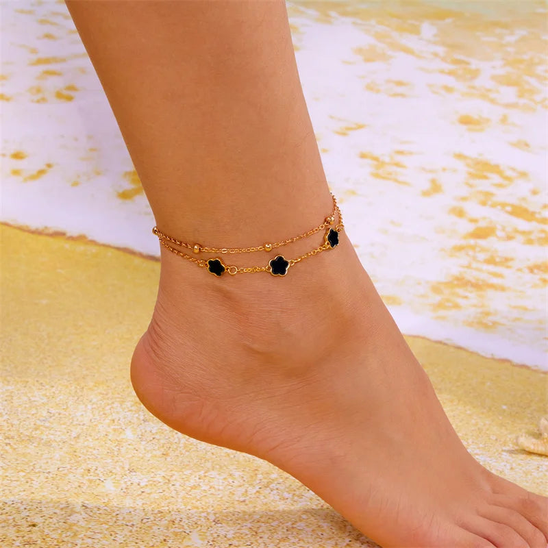 2PCS Lucky 5-Leaf Clover Anklet Set with Flower Charm