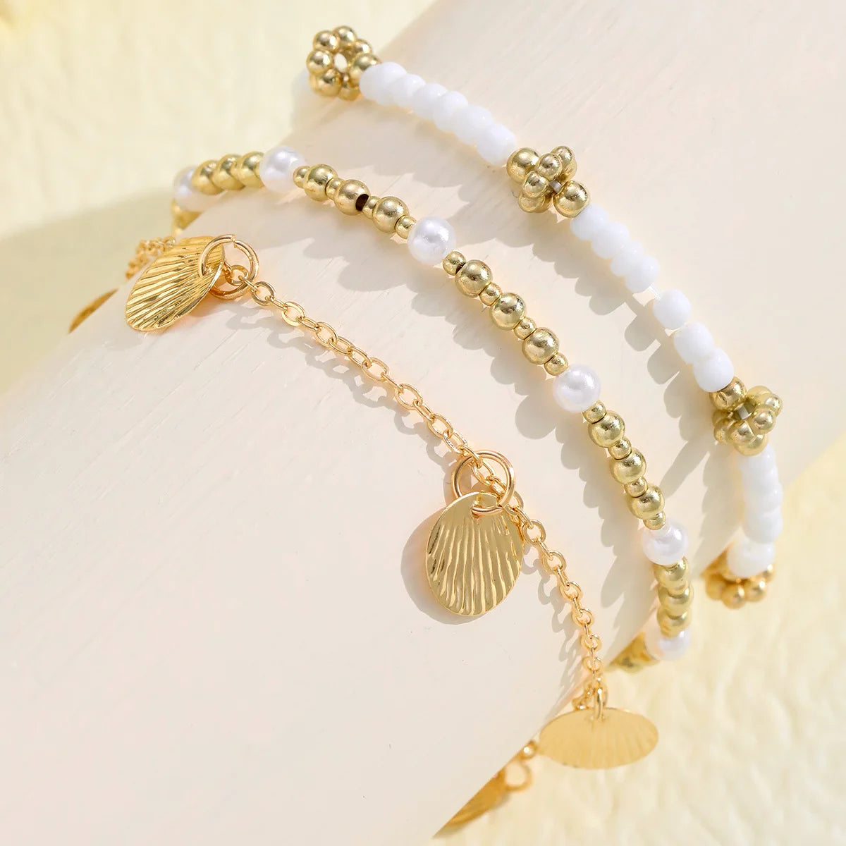 3PCS Retro Pearl & Shell Butterfly Anklet Set