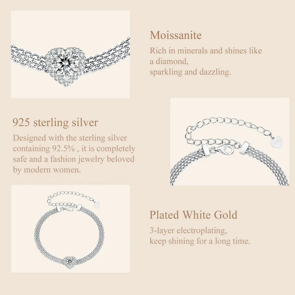 “Sterling Silver Mesh Chain Moissanite Heart Bracelet