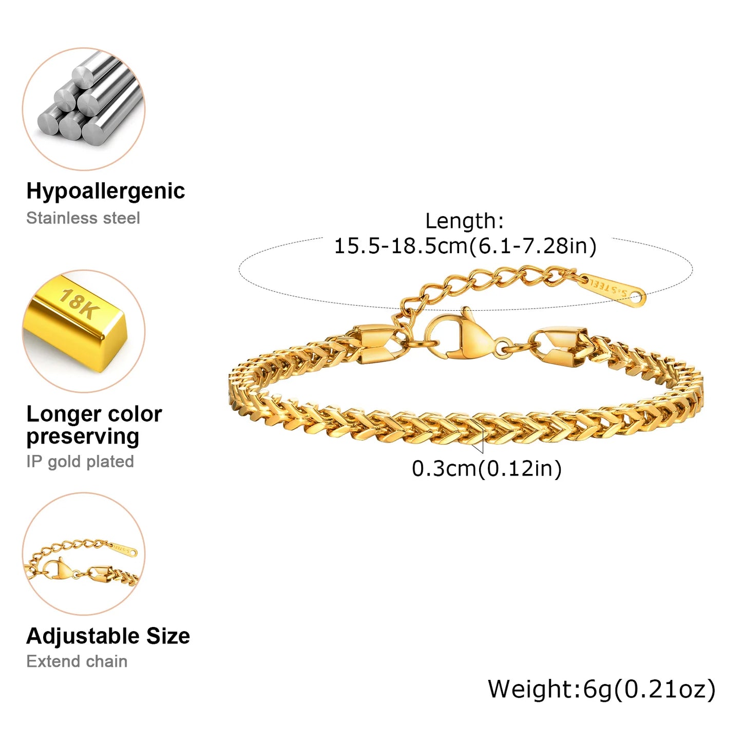 Gold Stainless Steel Square Chain Bracelet