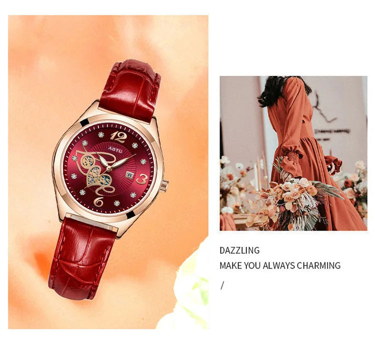 UTHAI Women's Red Leather Quartz Watch
