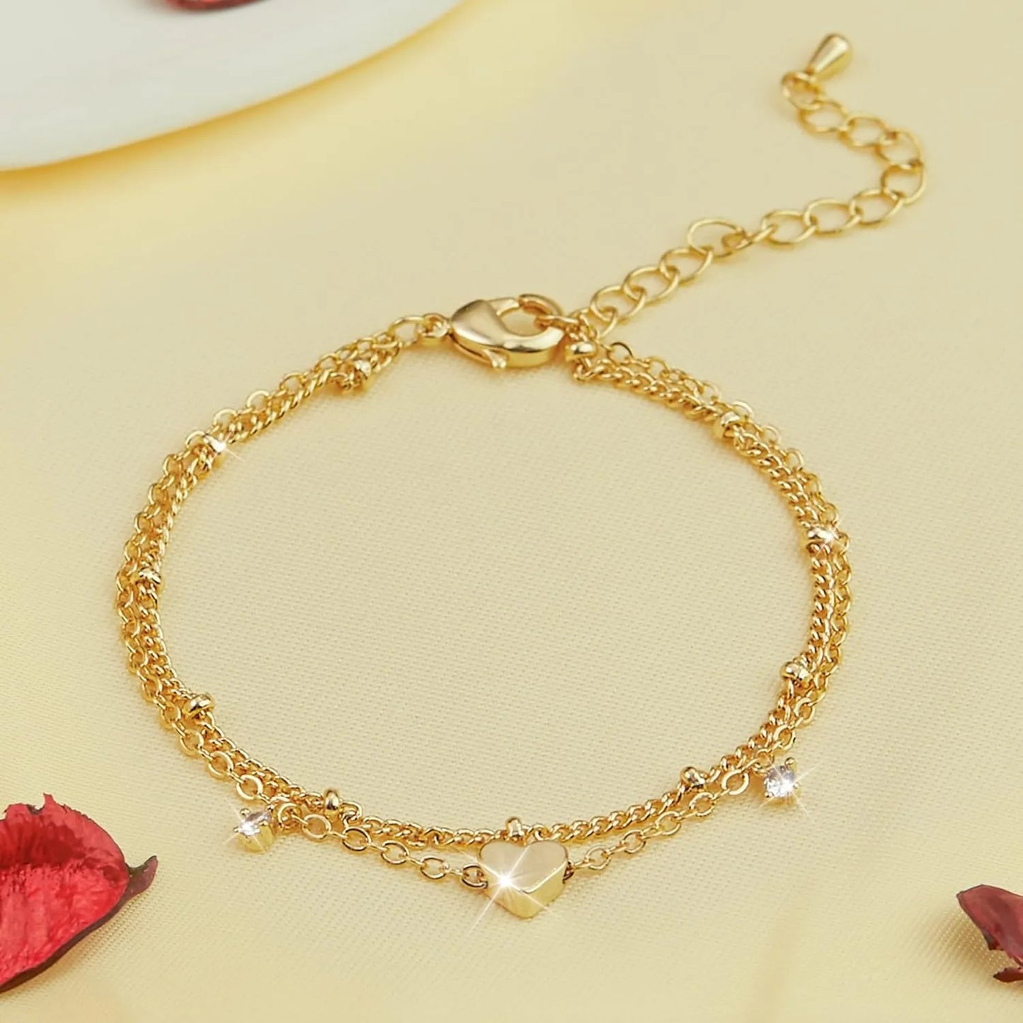 925 Silver CZ Heart Layer Anklet, Waterproof