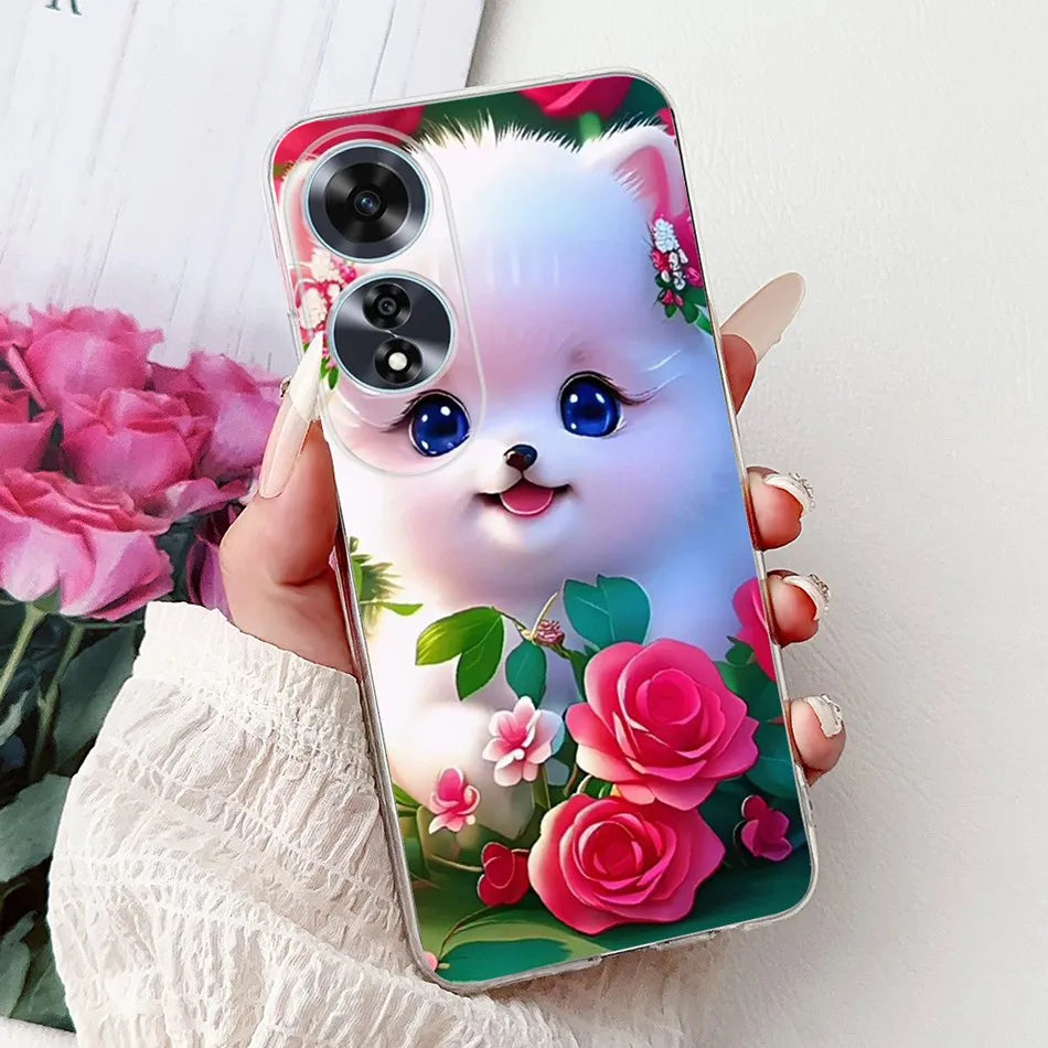 Elegant Floral Cat TPU Cover – OPPO A60