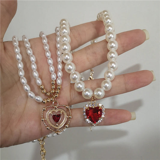 Baroque Red Crystal Heart Pearl Necklace