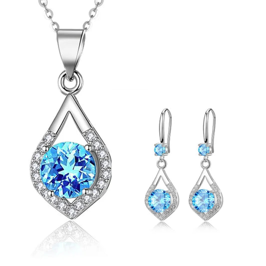 925 Silver Blue Zircon Necklace & Earring Set