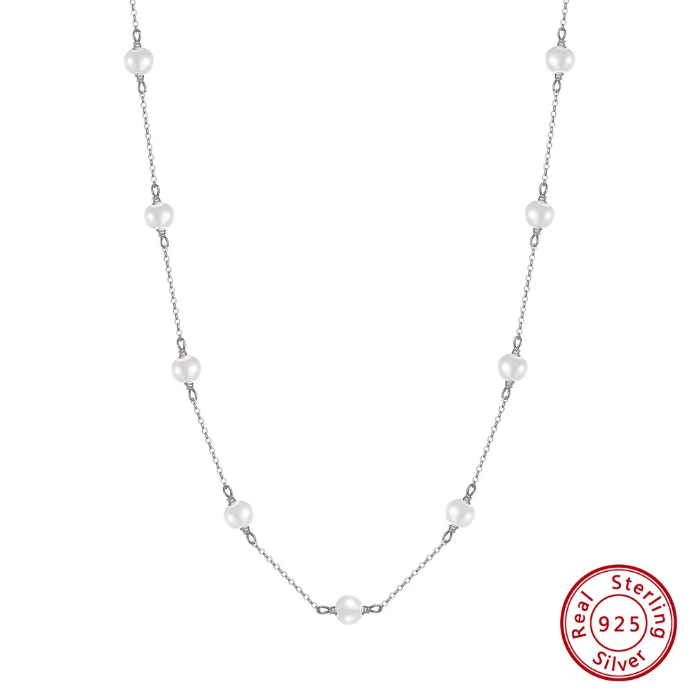 Rhodium Plated 925 Silver White Pearl Necklace