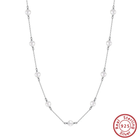 Rhodium Plated 925 Silver White Pearl Necklace