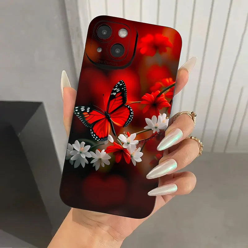 For iPhone 14 13 15 16 Pro Max Case Red Butterfly Flower Phone Case for iPhone 11 12 Mini Pro X XS XR 7 8 14 15 Plus SE2 Cover