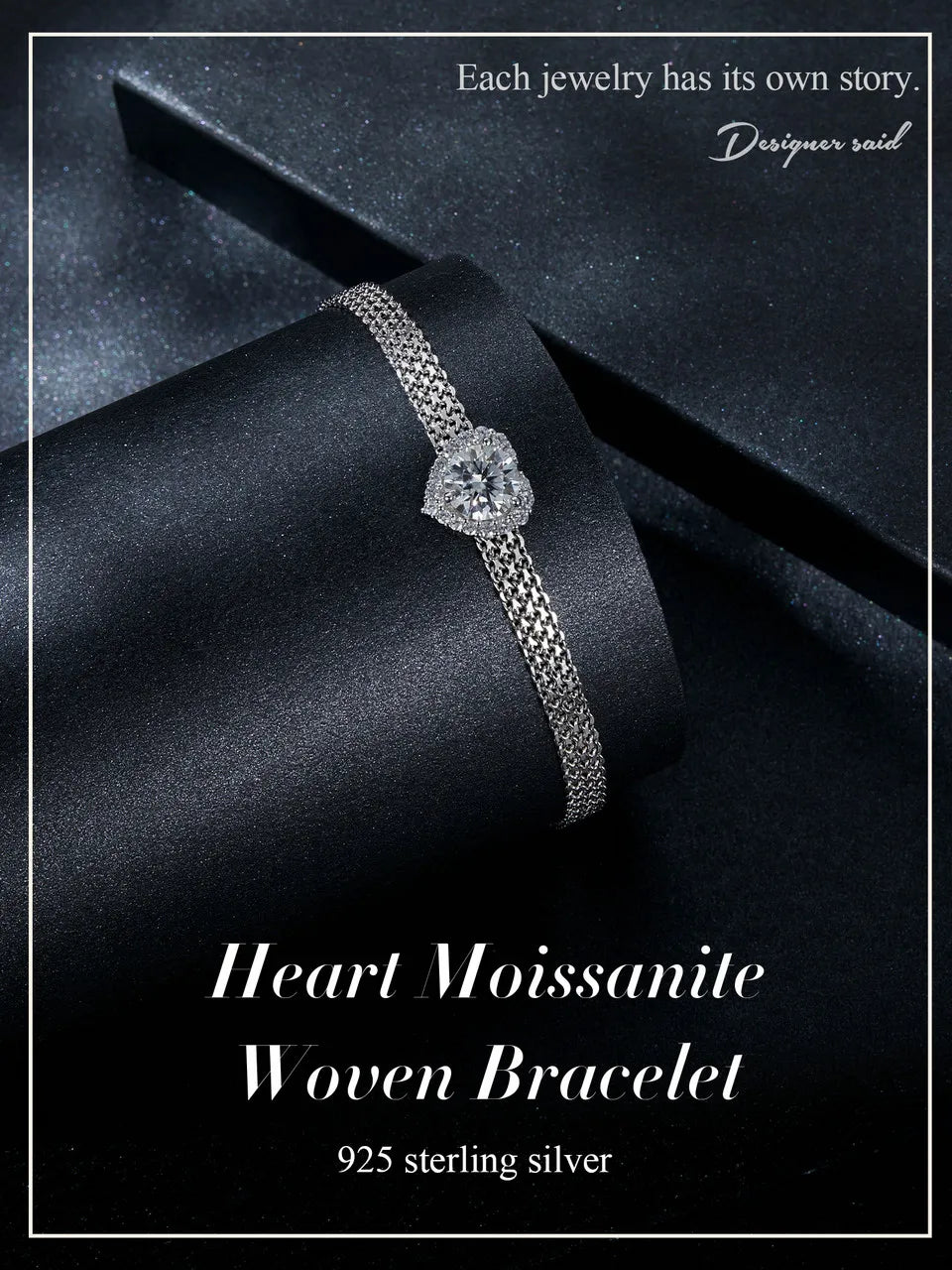 “Sterling Silver Mesh Chain Moissanite Heart Bracelet