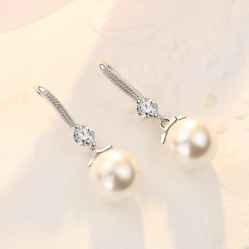 “925 Silver Long Pearl CZ Pendant Earrings