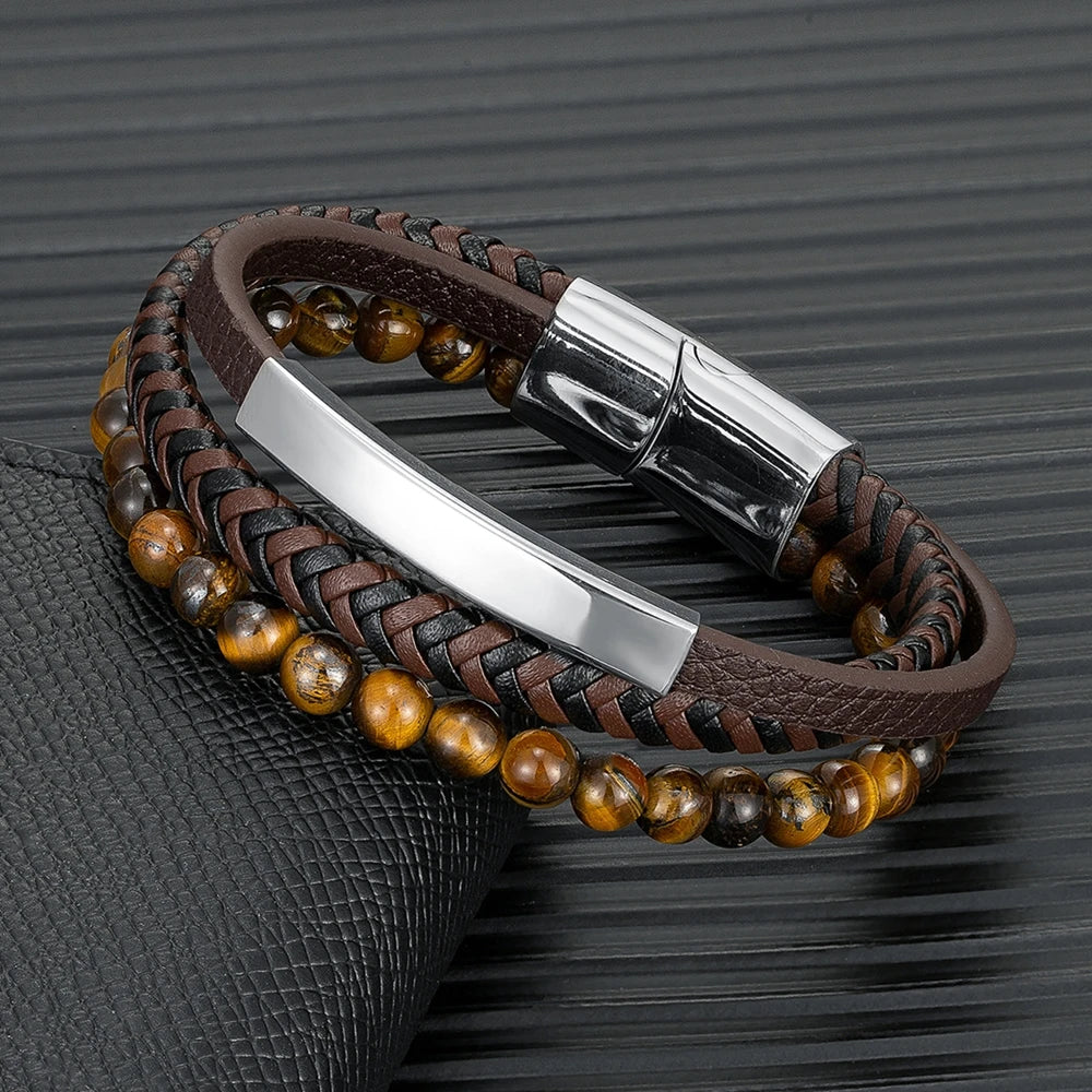 “Blue Leather & Stone Beaded Men’s Bracelet”
