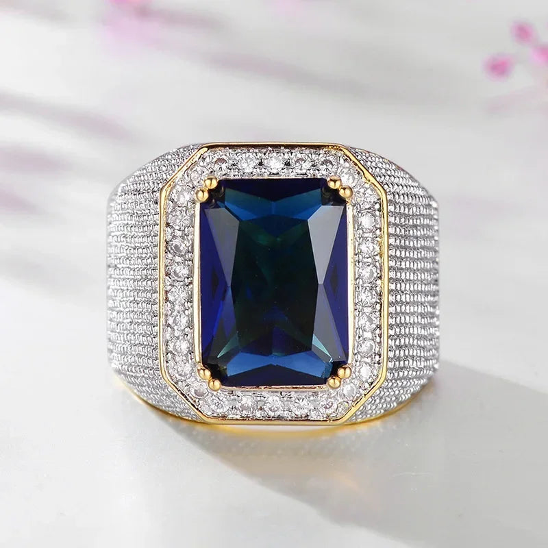 Gorgeous Blue/Black CZ Wide Ring for Men – Luxury Wedding & Party Jewelry”