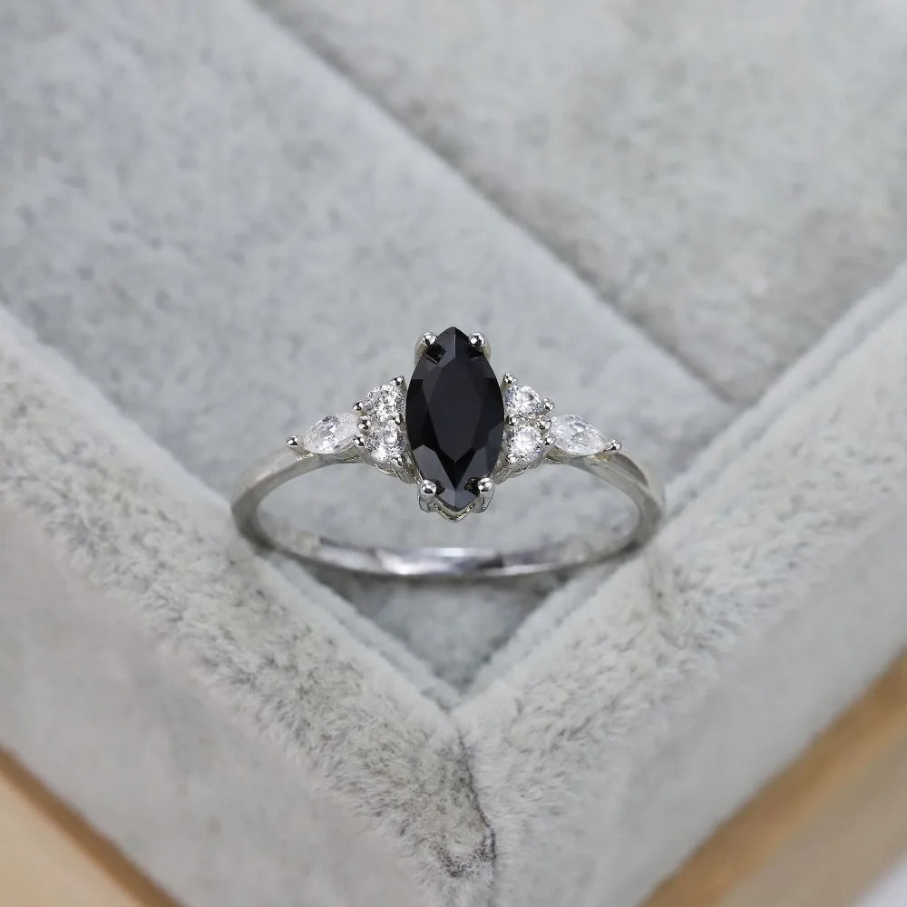 Trumium 1ct S925 Silver Marquise Black Agate Ring